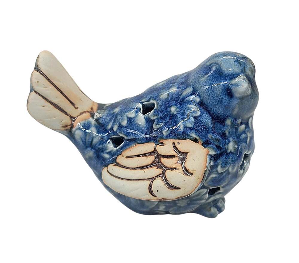 Vtg Ceramic Blue Cream Bird Artist Cut-Out Flowers Decorative Statue Figurine